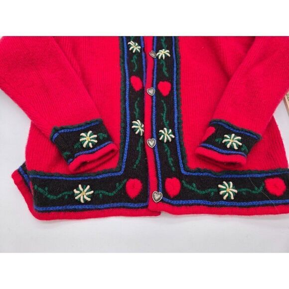 PBJ Sport Womens XL Red Wool Cardigan With Heart Buttons & Floral Embroidery - Picture 2 of 7